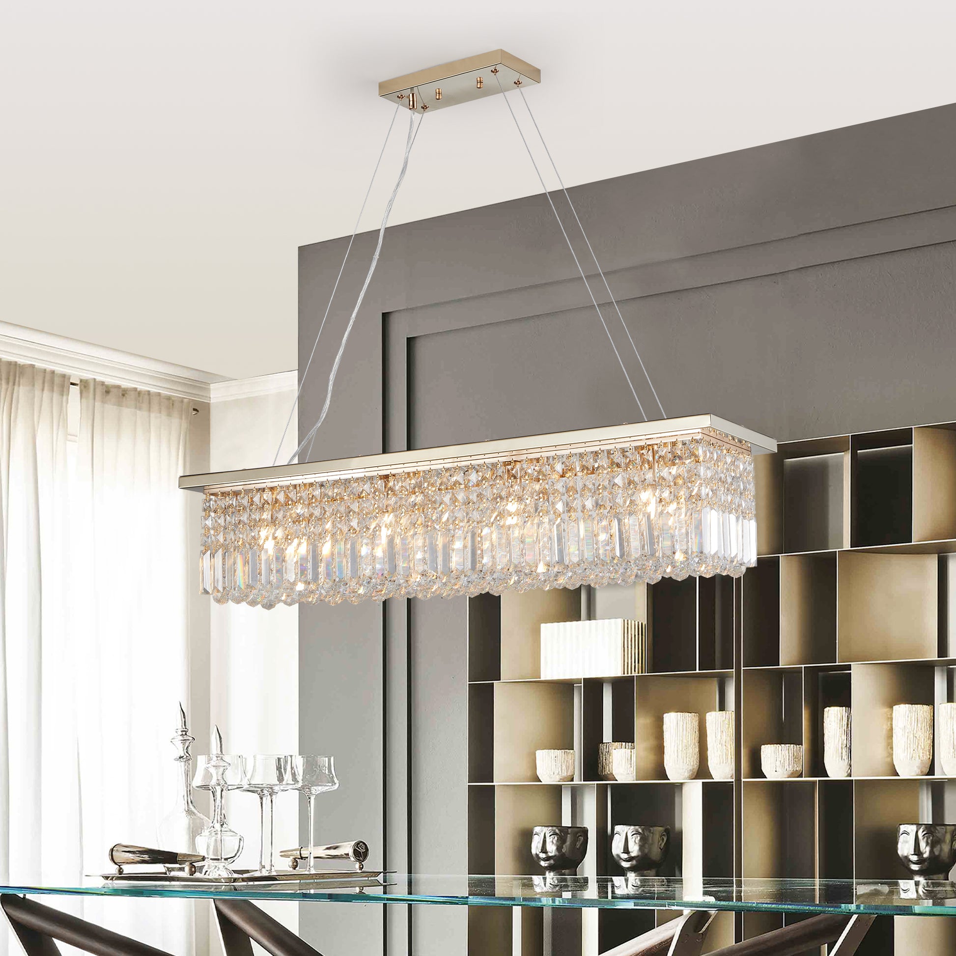 Modern Crystal Chandelier For Dining Room 8 Light Gold Rectangle Raindrop Chandelier Contemporary Rectangular Pendant Light Fixture For Kitchen Island Bar L39.4'' X W9.8'' X H8.7' Bulb Not Included Gold Crystal Iron