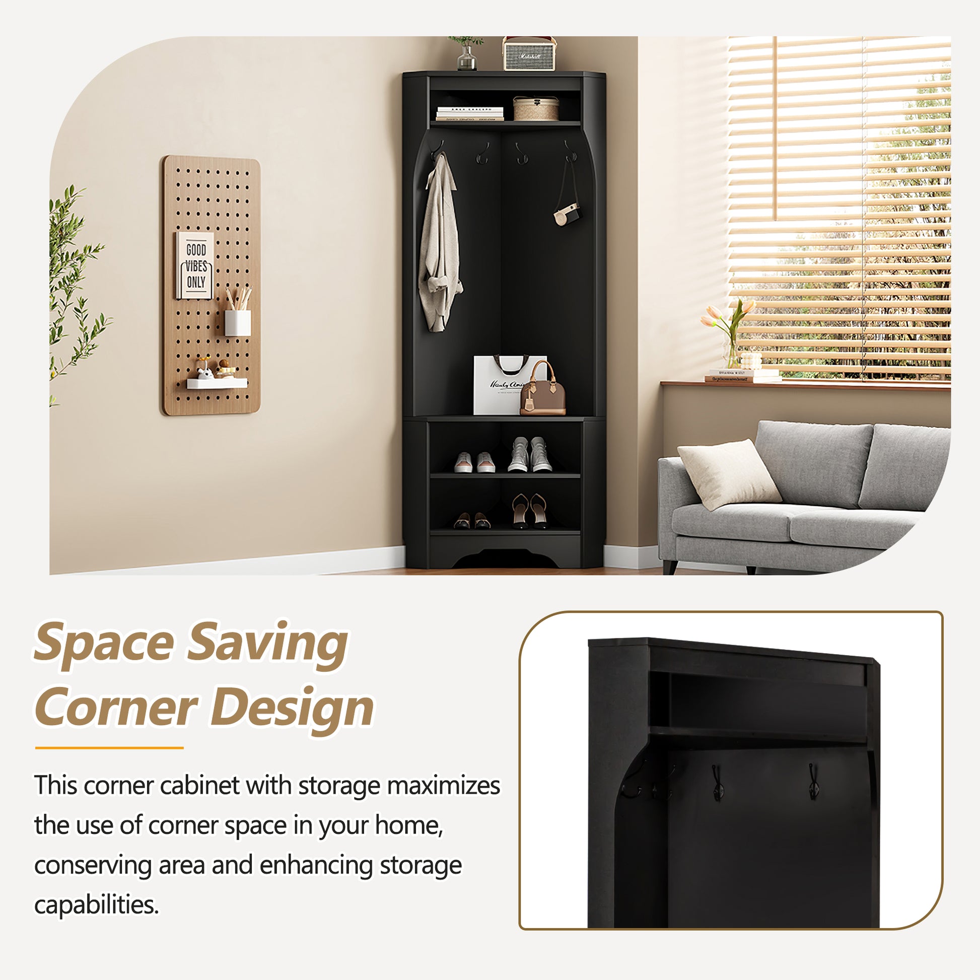 Minimalist Corner Hall Tree With Shoe Bench, Versatile Entryway Coat Rack With 4 Hooks, Corner Cabinet With Adjustable Shelf For Hallway, Living Room, Black, 29.5''W*71.6''H Black Particle Board