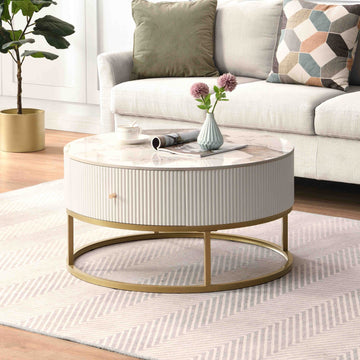 31.5 Inch Modern Round Coffee Table With Drawers, Marble Table With Storage, Coffee Table For Living Room White Coffee & End Tables Iron