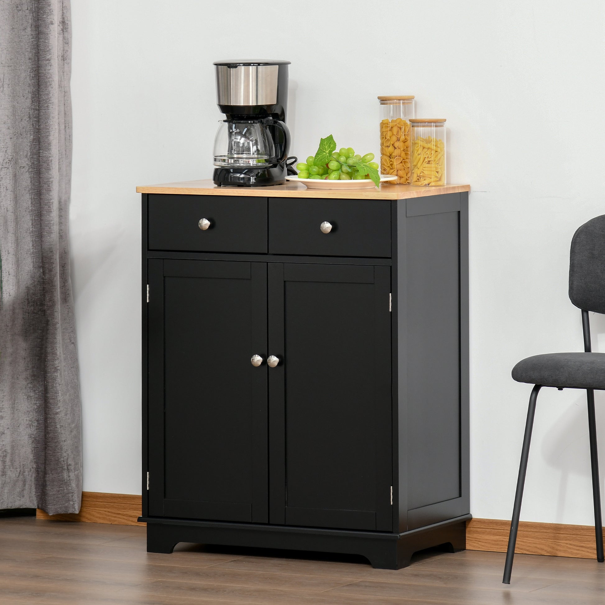 Homcom Sideboard With Solid Wood Countertop, Modern Kitchen Storage Cabinet, Coffee Bar Cabinet With 2 Drawers, Doors And Adjustable Shelf, Black Black Steel