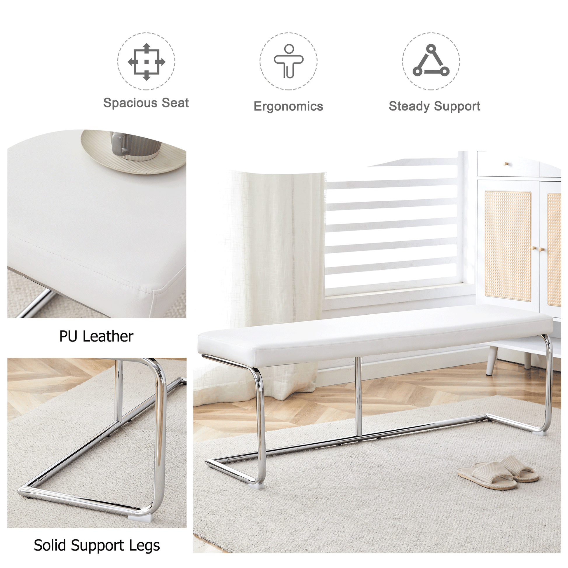 Table And Chair Set. Large Modern Rectangular Table With White Textured Top And Silver Metal Legs. Soft And Comfortable Pu Seats, Faux Leather Upholstered Seats And Sturdy Metal Legs. White Mdf Metal