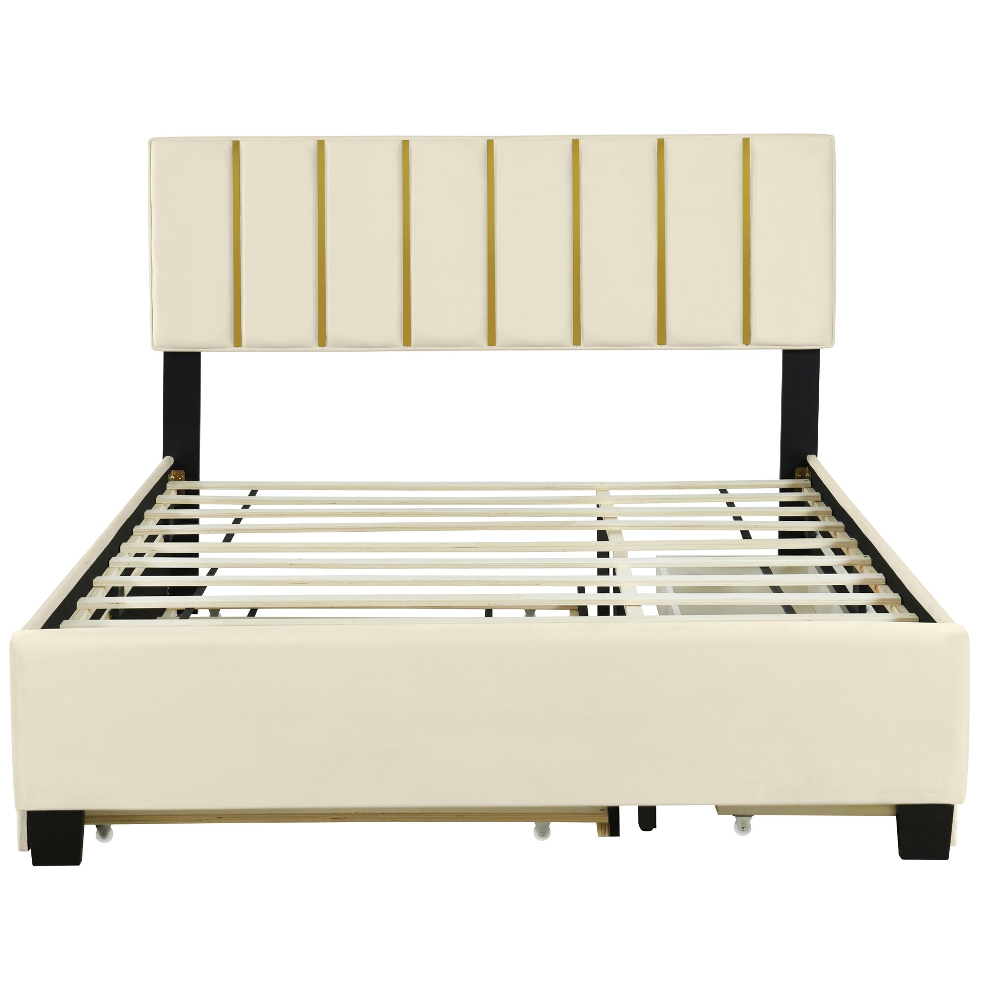 Queen Size Upholstered Platform Bed With 2 Drawers And 1 Trundle, Classic Metal Strip Headboard Design, Beige Queen Beige Mdf Lvl