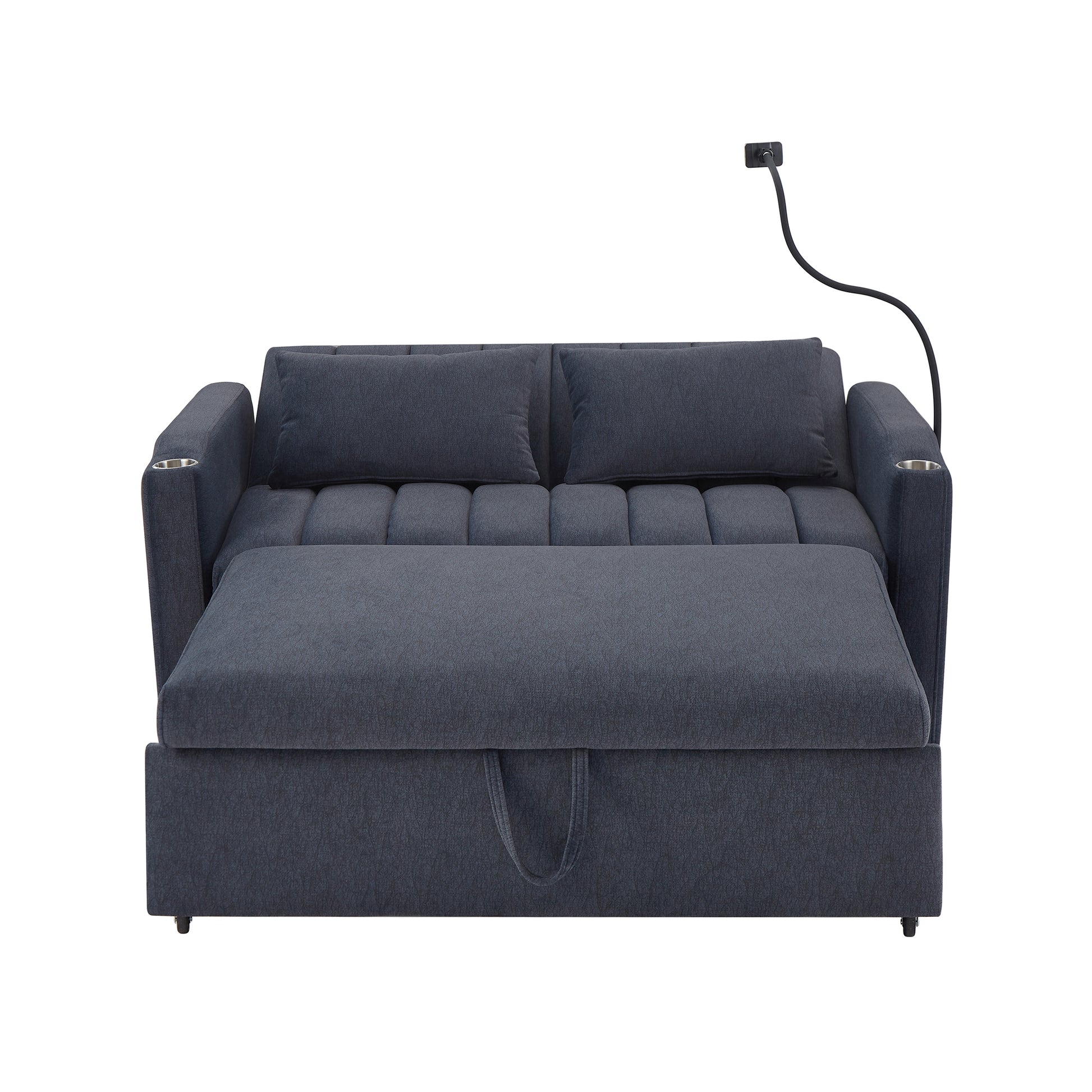 55.9" Convertible Sofa Bed Loveseat Sofa With Three Usb Ports, Two Side Pockets, Two Cup Holders And 360 Swivel Phone Holder For Living Room, Blue Grey Blue Gray Foam Polyester
