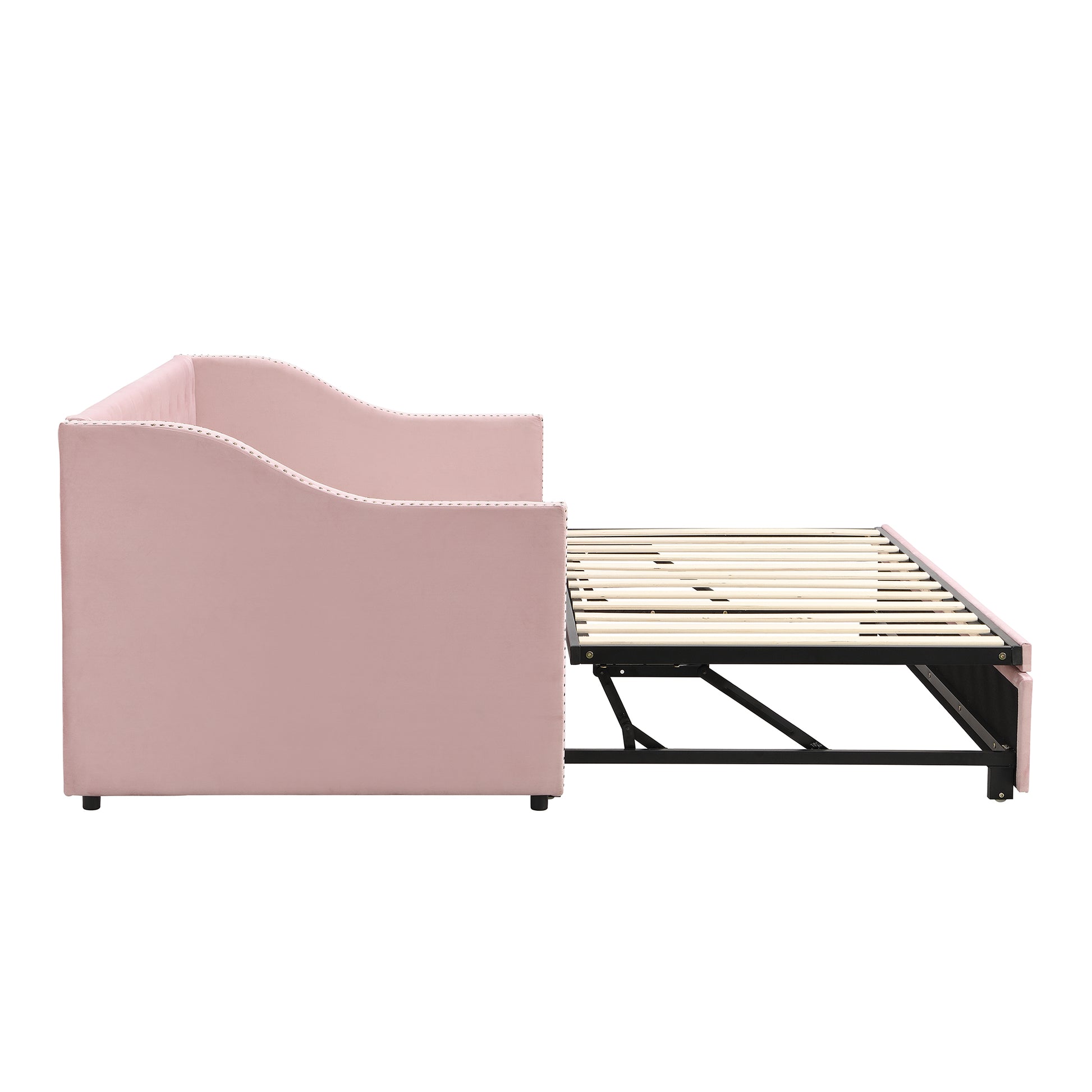 Twin Size Upholstered Daybed With Pop Up Trundle, Pink Twin Pink Upholstered