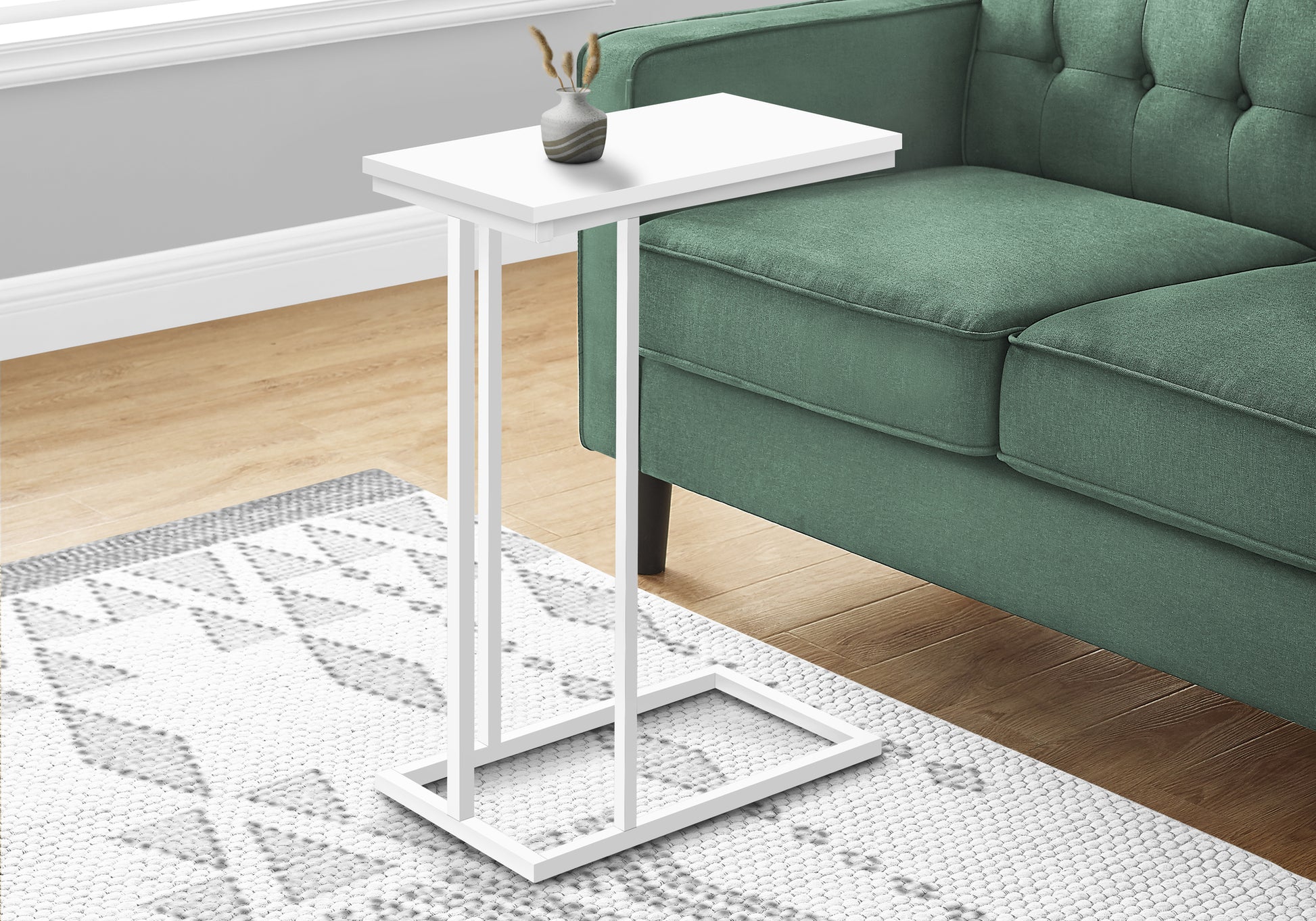 Accent Table, C Shaped, End, Side, Snack, Living Room, Bedroom, White Laminate, White Metal, Contemporary, Modern White Mdf