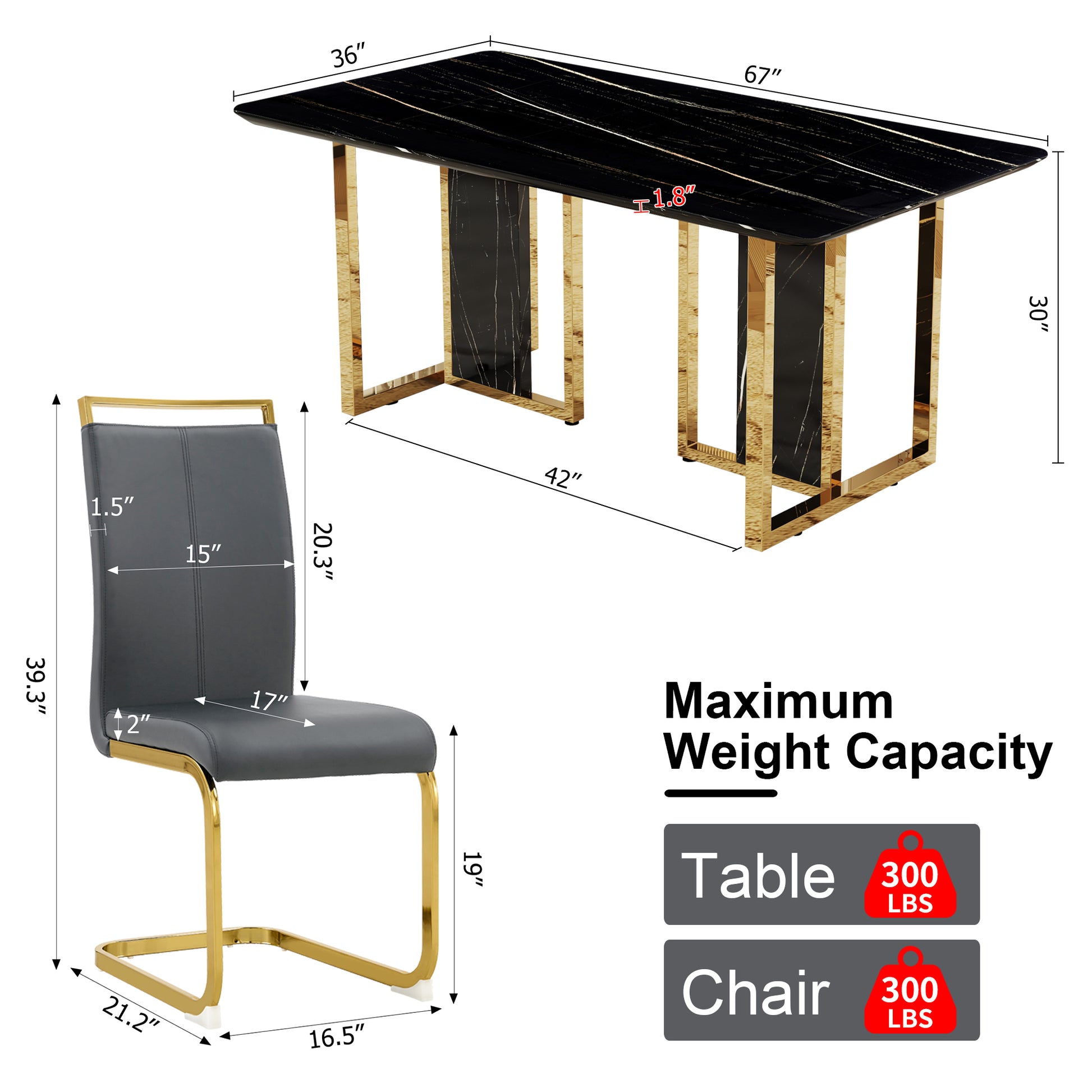 Table And Chair Set. Modern Dining Table With Mdf Top And Beautiful Mdf Legs. Equipped With Comfortable Pu Chairs And Metal Legs. Suitable For A Wide Range Of Decorative Styles. Black,Gray Seats 6 Mdf