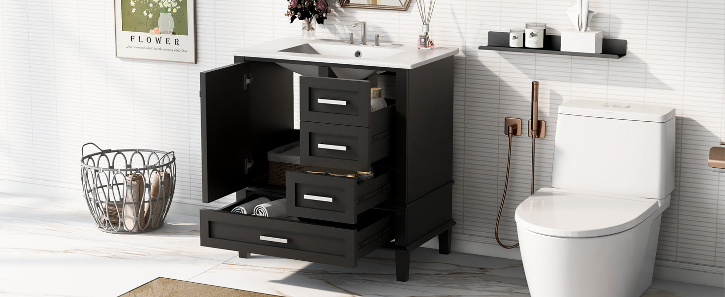 30" Bathroom Vanitymodern Bathroom Cabinet With Sink Combo Set, Bathroom Storage Cabinet With A Soft Closing Door And 3 Drawers, Solid Wood Frame Black Black Bathroom Solid Wood Mdf