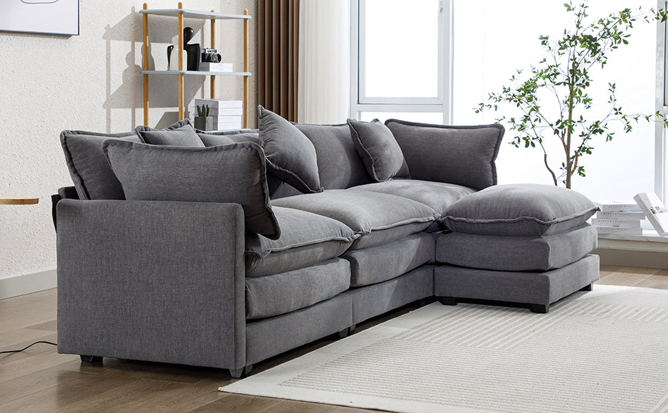112.2" L Shape Chenille Upholstered Sofa For Living Room Modern Luxury Sofa Couch With Ottoman, 5 Pillows, Gray Gray Foam 4 Seat
