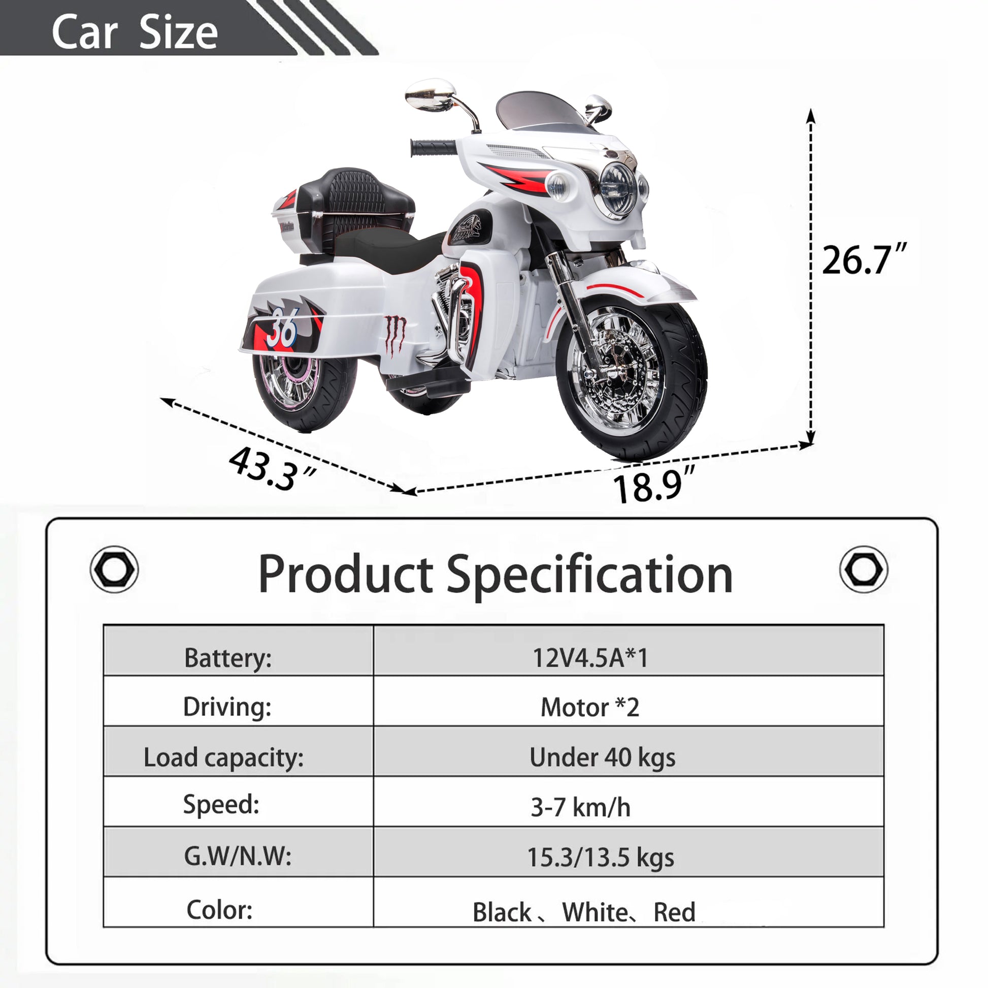 Kids Motorcycle,Ride On Motorcycle,Kids Electric Motorcycle 12V Two Seat Motorcycle For Kids, Motorbike For Kids With Key Start 3 Wheels Headlight Storage Box Two Motor Two Seat White Plastic Indoor