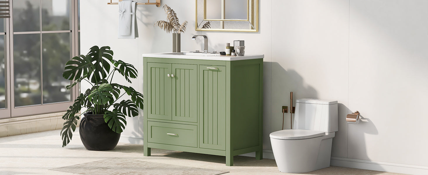 36" Bathroom Vanity With Sink, One Cabinet With Two Doors And One Big Drawer And One Flip Drawer, Solid Wood And Mdf Board, Green Green Solid Wood Mdf