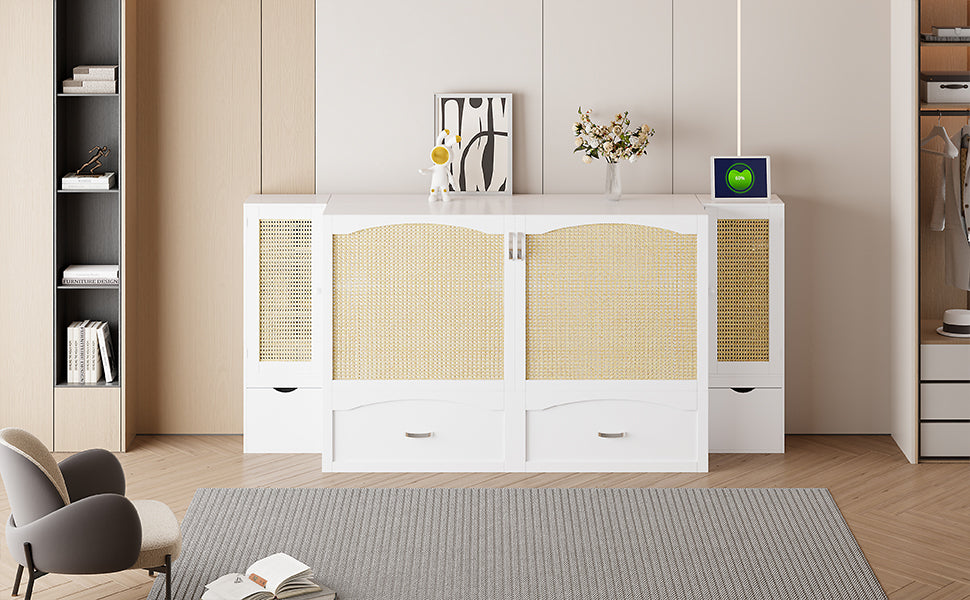 Queen Size Murphy Bed Wall Bed With Drawer And Rattan Decoration With 2 Storage Cabinets, One Set Of Sockets & Usb Ports, Pulley Structure Design, White Queen White Plywood