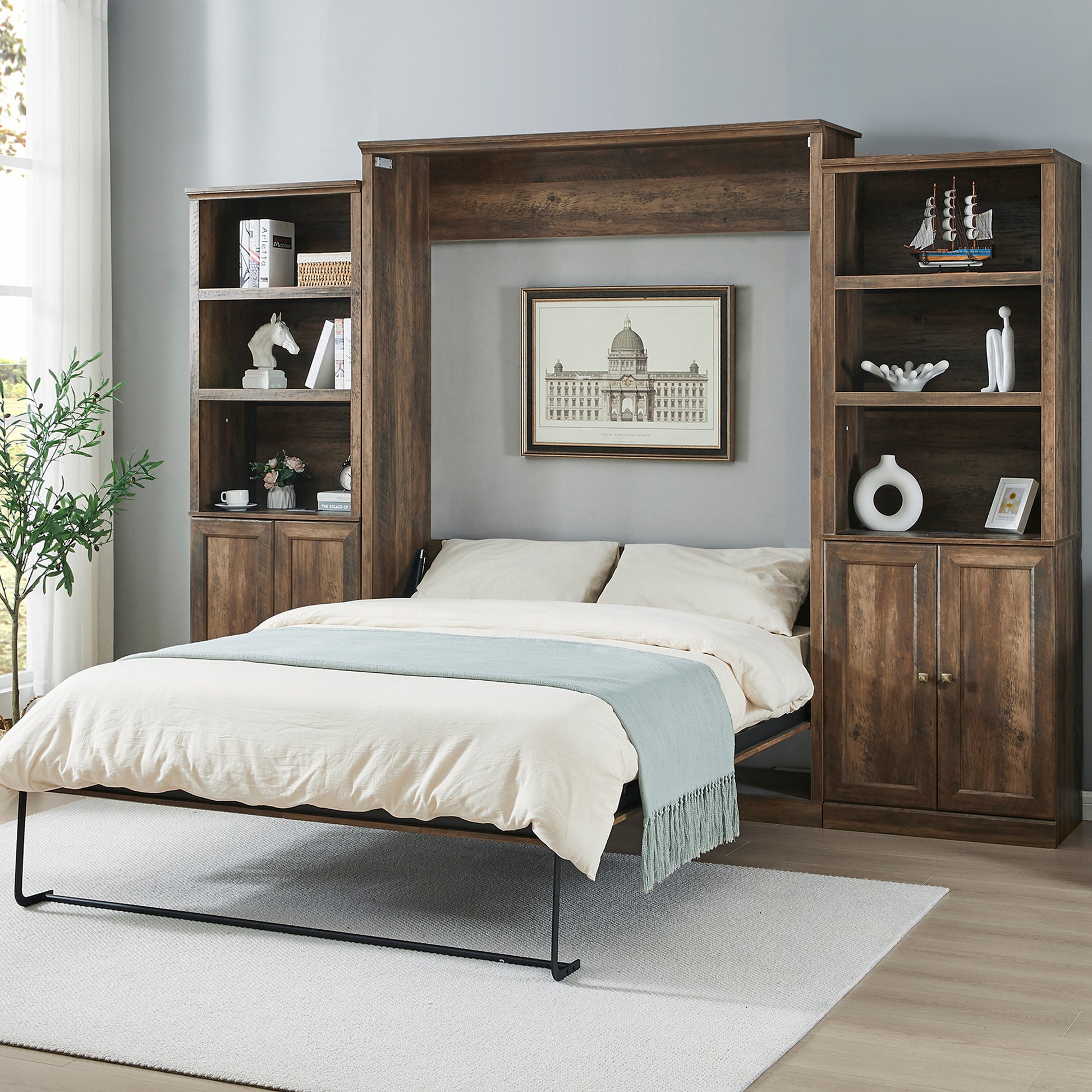 Queen Size Half Self Close And Open Murphy Bed With 2 Side Cabinet Storage Shelf, Cabinet Space Saving Bed Perfect For Guest Room, Bed Room, Guest Room, Home Office, Brown Box Spring Not Required Queen Brown Wood Brown Pine Murphy Solid Wood Mdf