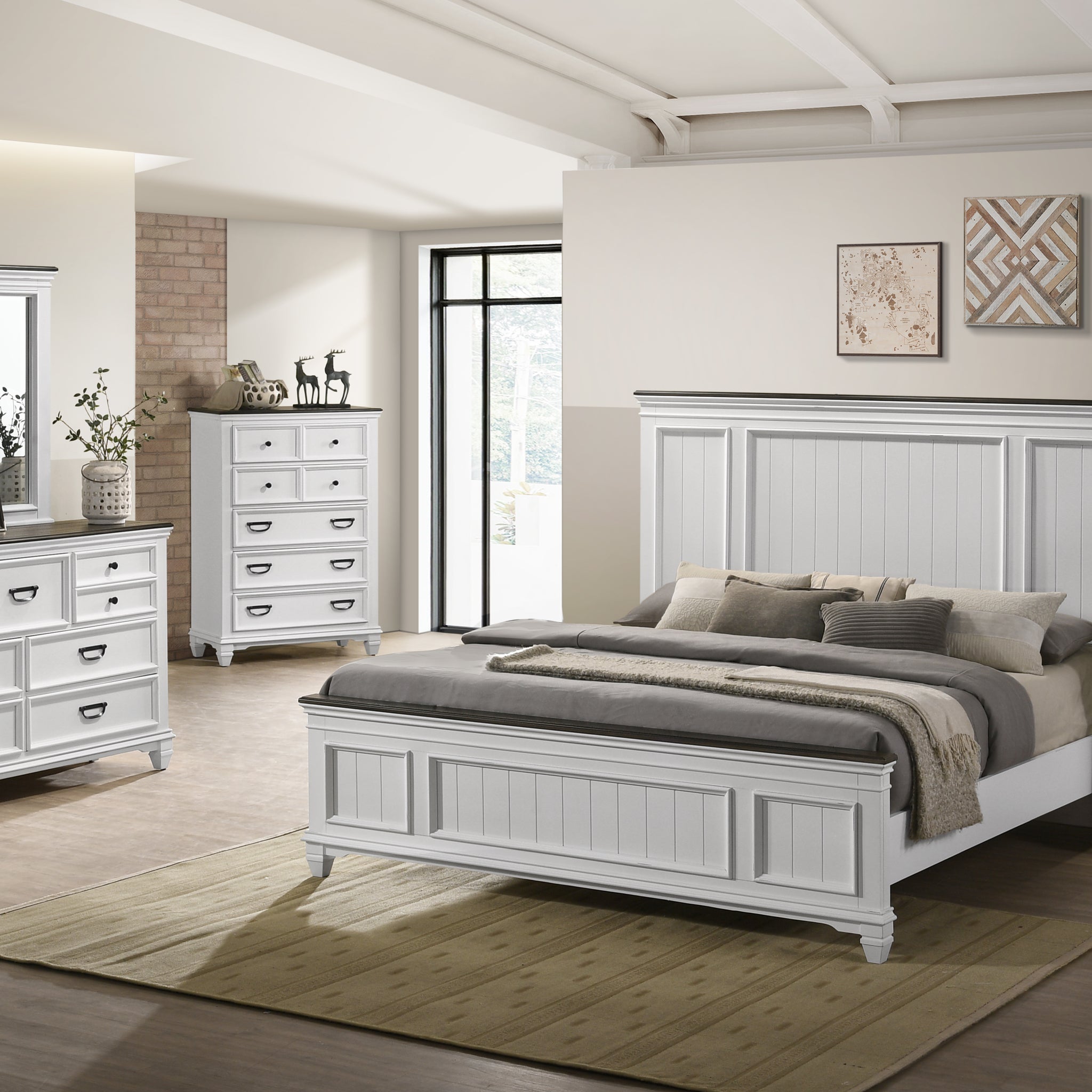 Clelane Wood Bedroom 5 Piece Set With Lap Panel King Bed, Dresser, Mirror, Nightstand, And Chest Box Spring Required King Antique White Gray Wood White 5 Piece Set Bedroom Bed Included,Chest Included,Dresser Included,Mirror Included,Nightstand Included