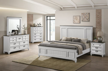 Clelane Wood Bedroom 5 Piece Set With Lap Panel King Bed, Dresser, Mirror, Nightstand, And Chest Box Spring Required King Antique White Gray Wood White 5 Piece Set Bedroom Bed Included,Chest Included,Dresser Included,Mirror Included,Nightstand Included