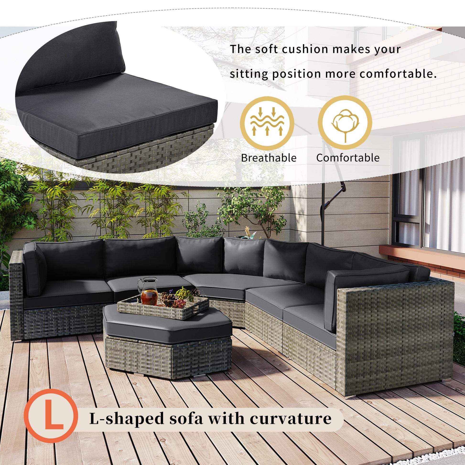 Patio Furniture Set, 6 Piece Outdoor Conversation Set All Weather Wicker Sectional Sofa With Ottoman And Cushions And Small Trays Grey Rattan