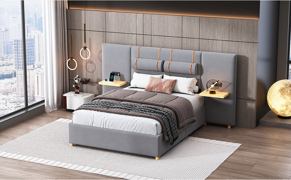 Full Size Upholstered Platform Bed With Two Outlets And Usb Charging Ports On Both Sides, Two Bedside Pillows, Storage Shelf, Velvet,Gray Full Gray Mdf Lvl