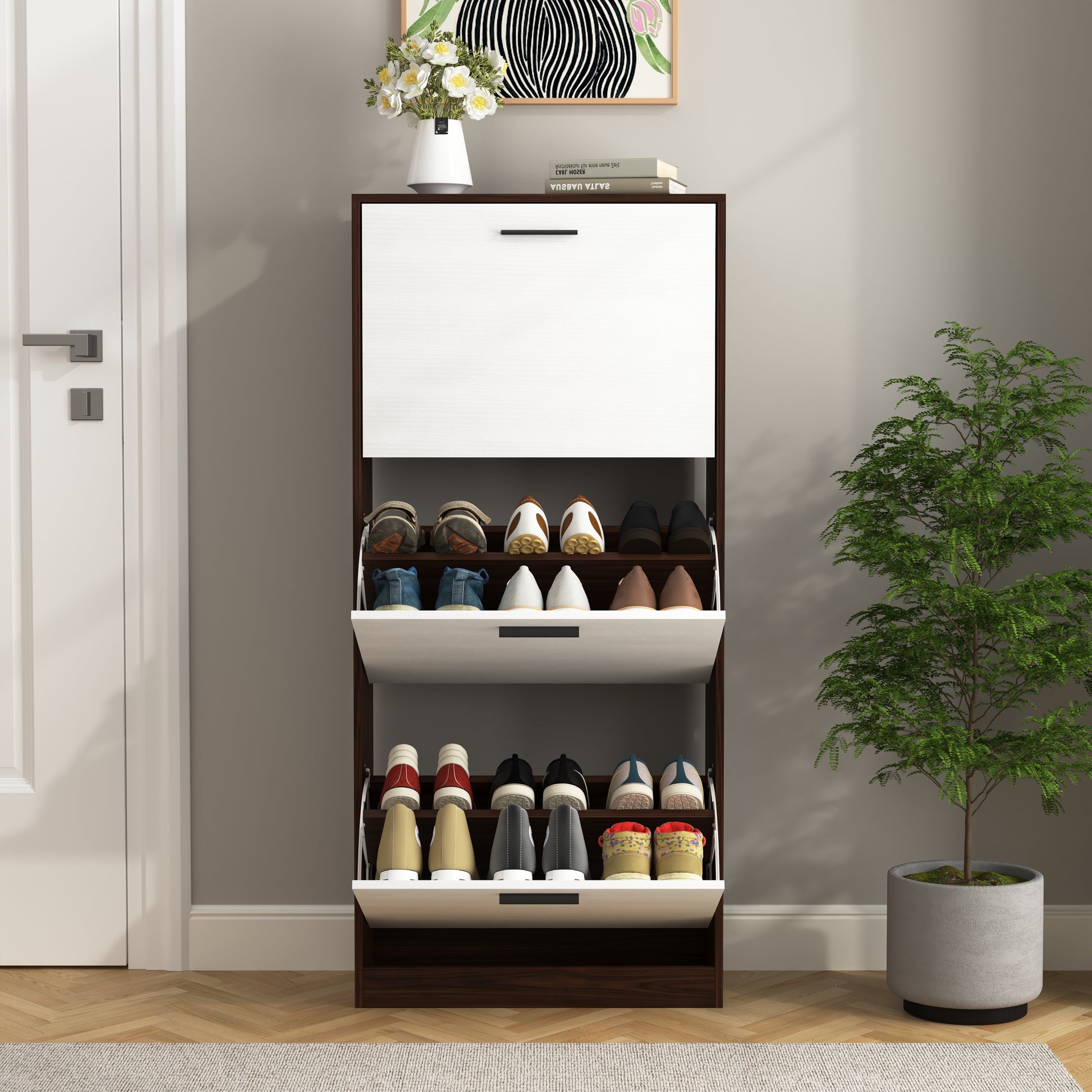 Shoe Storage Cabinet With 3 White Panel Flip Drawers, Freestanding Organizer For Entryway, Narrow Shoe Rack Cabinet 3 4 Spaces Walnut Primary Living Space Particle Board