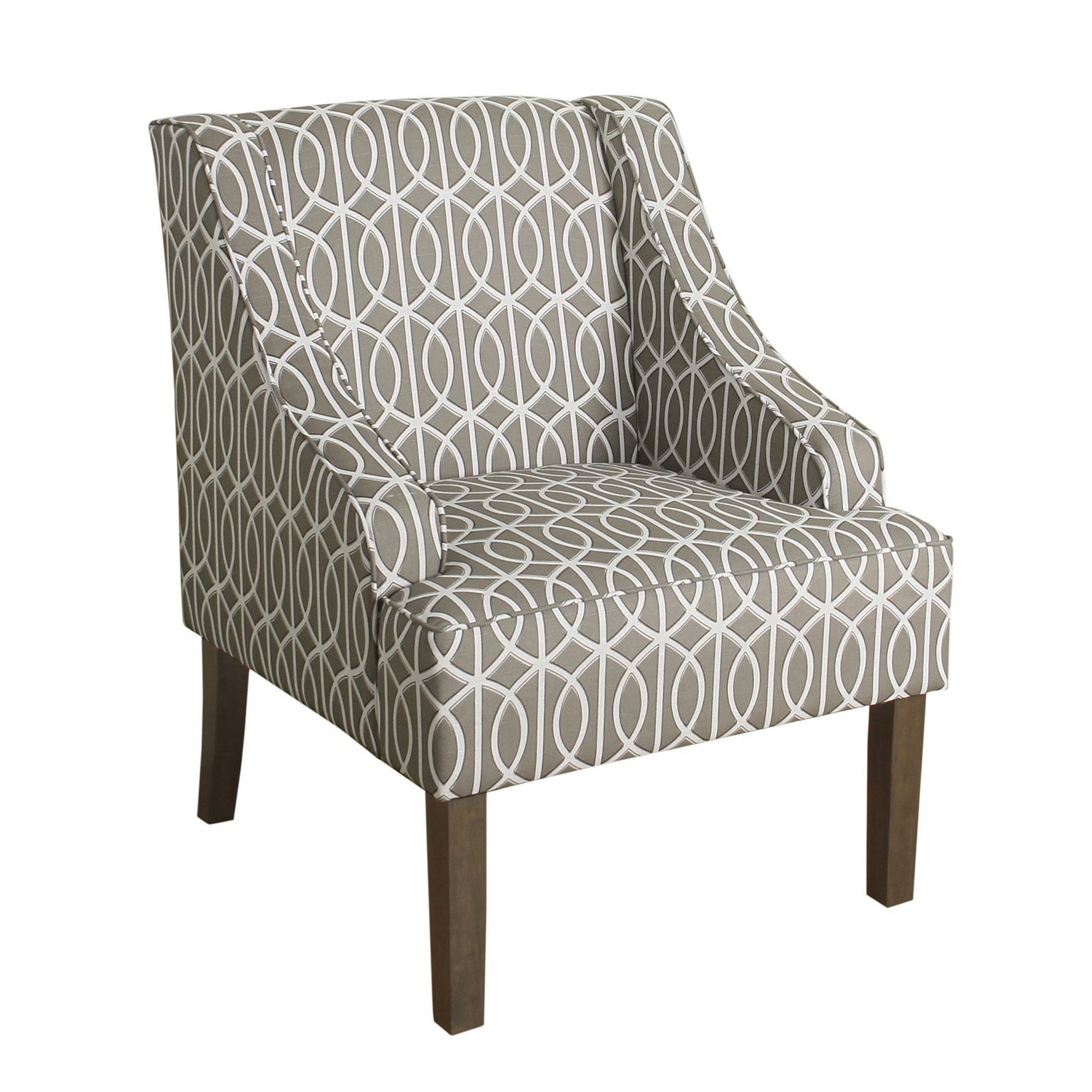 Fabric Upholstered Wooden Accent Chair With Trellis Pattern Design, Gray, White And Brown Grey Brown Wood Fabric