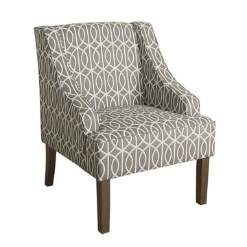 Fabric Upholstered Wooden Accent Chair With Trellis Pattern Design, Gray, White And Brown Grey Brown Wood Fabric