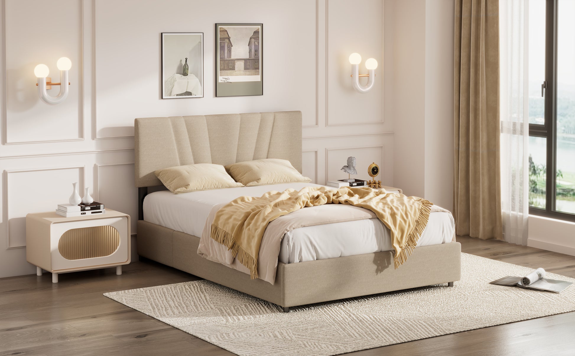 Queen Upholstered Platform Bed With Lifting Storage, Queen Size Bed Frame With Storage And Tufted Headboard,Wooden Queen Platform Bed For Kids Teens Adults,No Box Spring Needed Queen, Beige Box Spring Not Required Queen Light Beige Wood Bedroom American