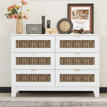 Rustic Farmhouse Style Wooden Dresser With 6 Drawers, Storage Cabinet For Bedroom With Metal Handles, White White Particle Board