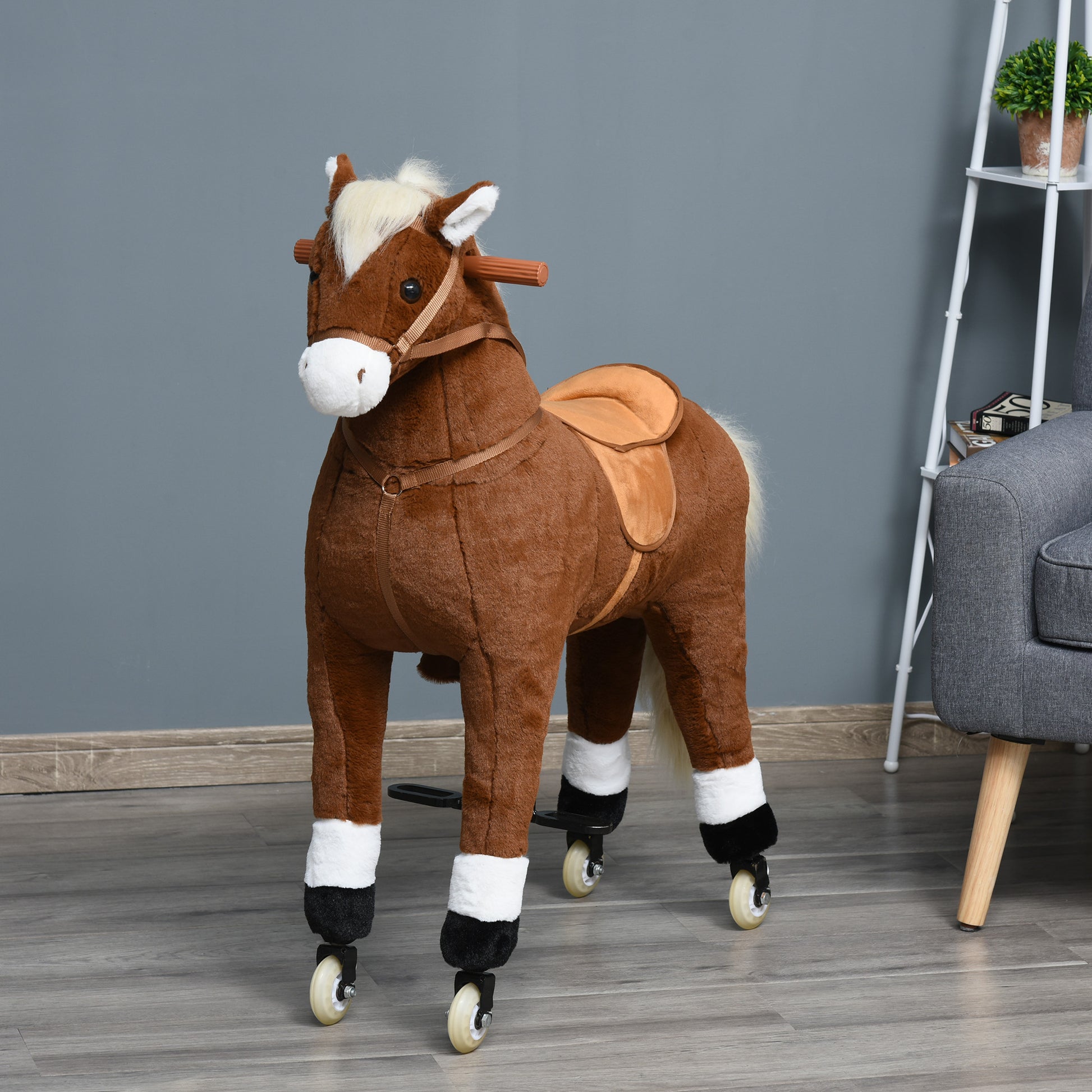 Qaba Kids Ride On Walking Horse With Easy Rolling Wheels, Soft Huggable Body, & A Large Size For Kids 5 16 Years Brown Plush