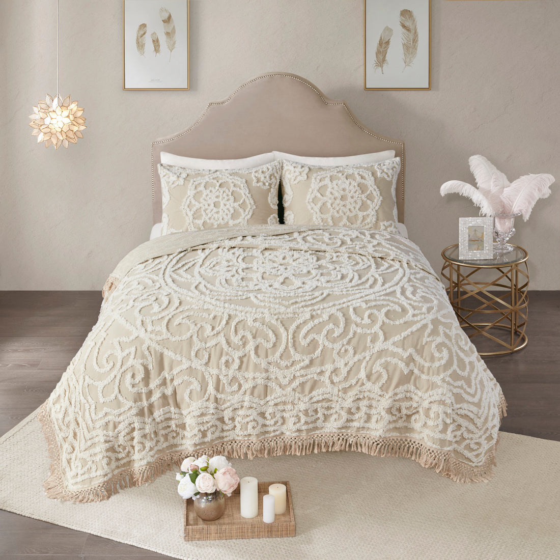 Tufted Cotton Chenille Medallion Fringe Coverlet Mini Set Taupe King Cal King King Taupe Cotton