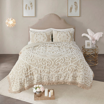 Tufted Cotton Chenille Medallion Fringe Coverlet Mini Set Taupe King Cal King King Taupe Cotton