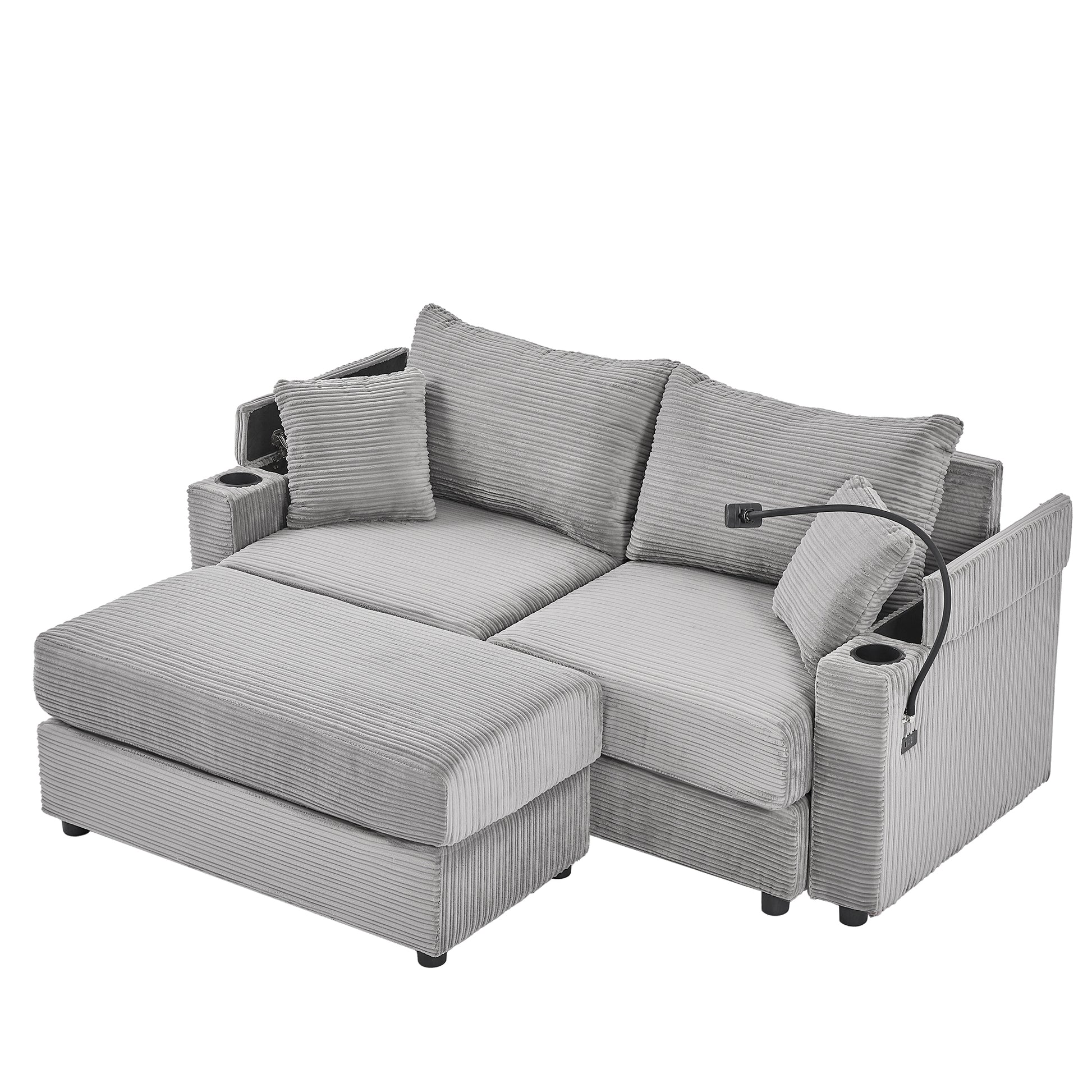 72.8" Modern Style Loveseat Sofa Sectional Sofa Couch With Storage Space, A Movable Ottoman, Two Usb Ports, Two Cup Holders, A Phone Holder For Living Room, Gray Gray Foam Corduroy 3 Seat