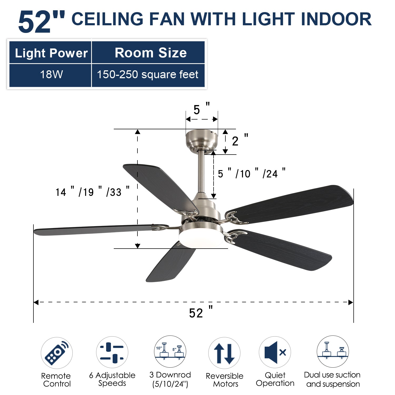 Modern 52 Inch Led Ceiling Fan With 110V 6 Speed Wind 5 Blades Remote Control Reversible Dc Motor With Light Brushed Nickel Mdf