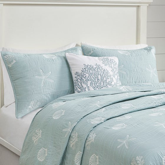 4 Piece Cotton Reversible Embroidered Quilt Set With Throw Pillow Aqua Full Queen Full Aqua Cotton