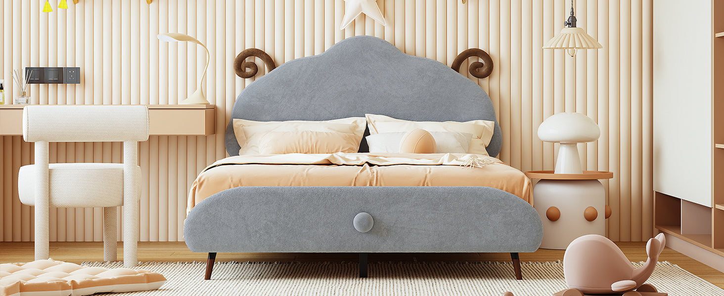 Full Size Upholstered Platform Bed With Sheep Shaped Headboard, Gray Full Gray Plywood