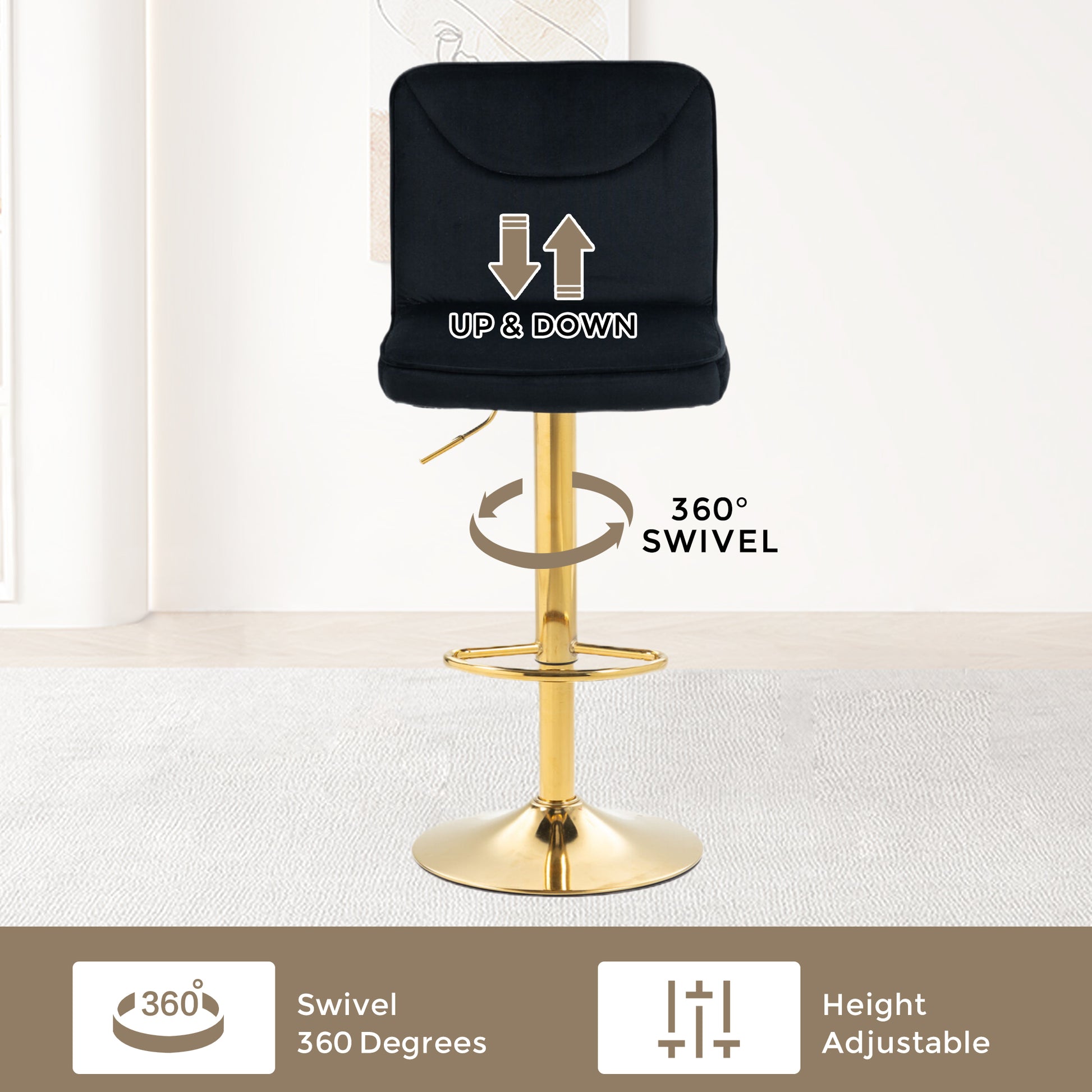 Coolmore Bar Stools With Back And Footrest Counter Height Dining Chairs 2Pc Set,360 Velvet Swivel Bar Stools Set Of 2, Adjustable Counter Height Bar Chairs Black Velvet Black Primary Living Space Foam Velvet