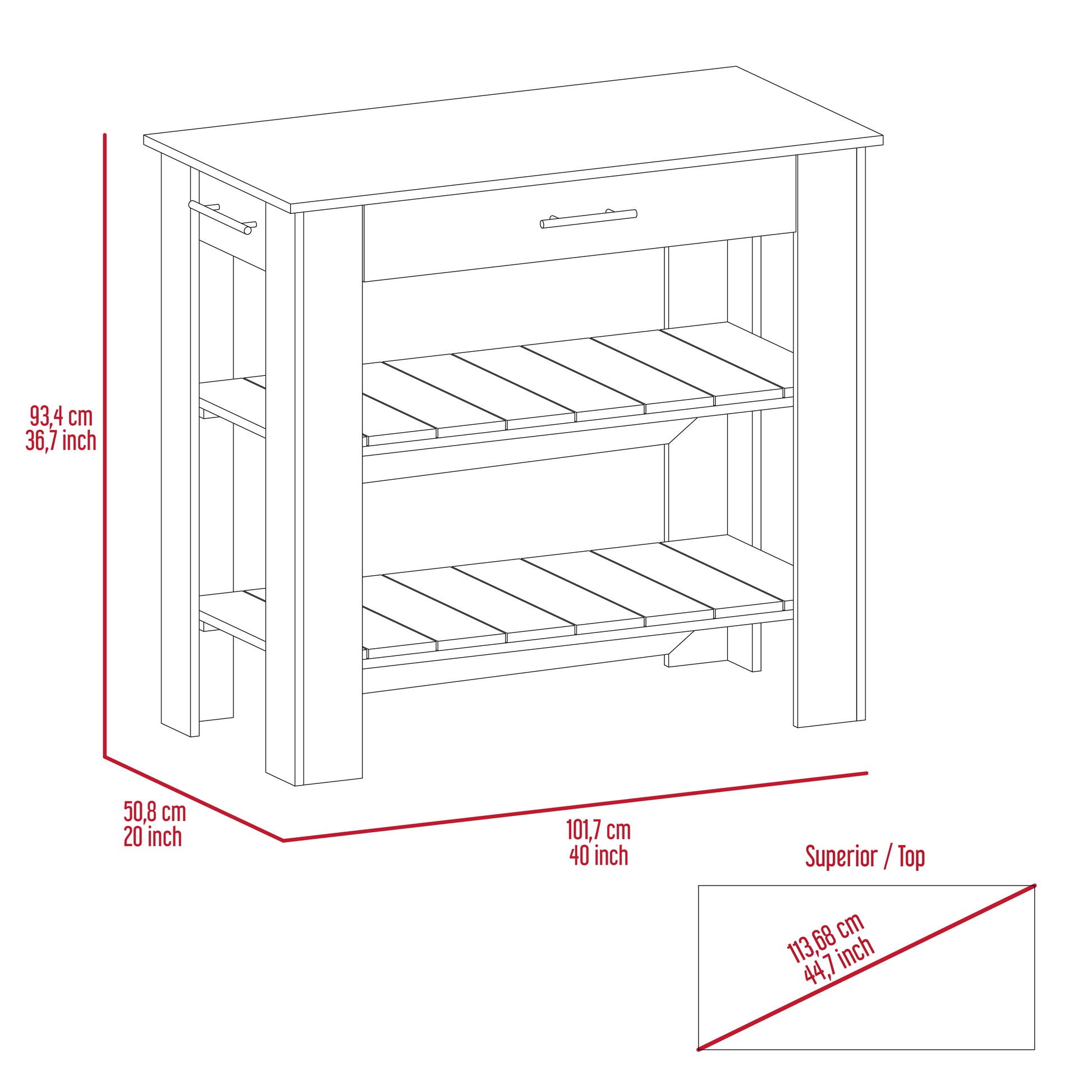 Kitchen Island 37" H, Two Open Storage Shelves, One Drawer, Four Legs,Towel Hanger, Black Light Oak Multicolor Particle Board Particle Board