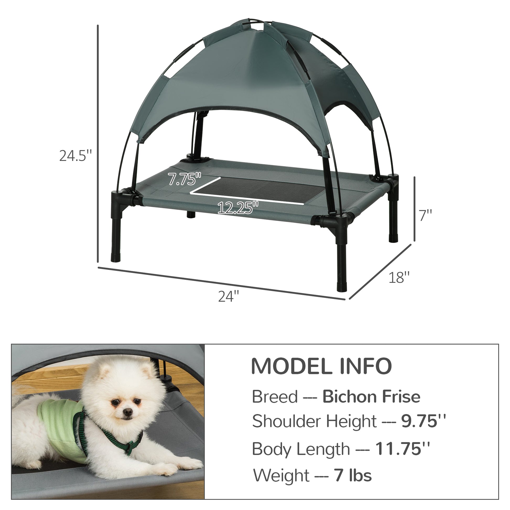 Pawhut Elevated Portable Dog Cot Pet Bed With Uv Protection Canopy Shade, 24 Inch, Gray Gray Metal