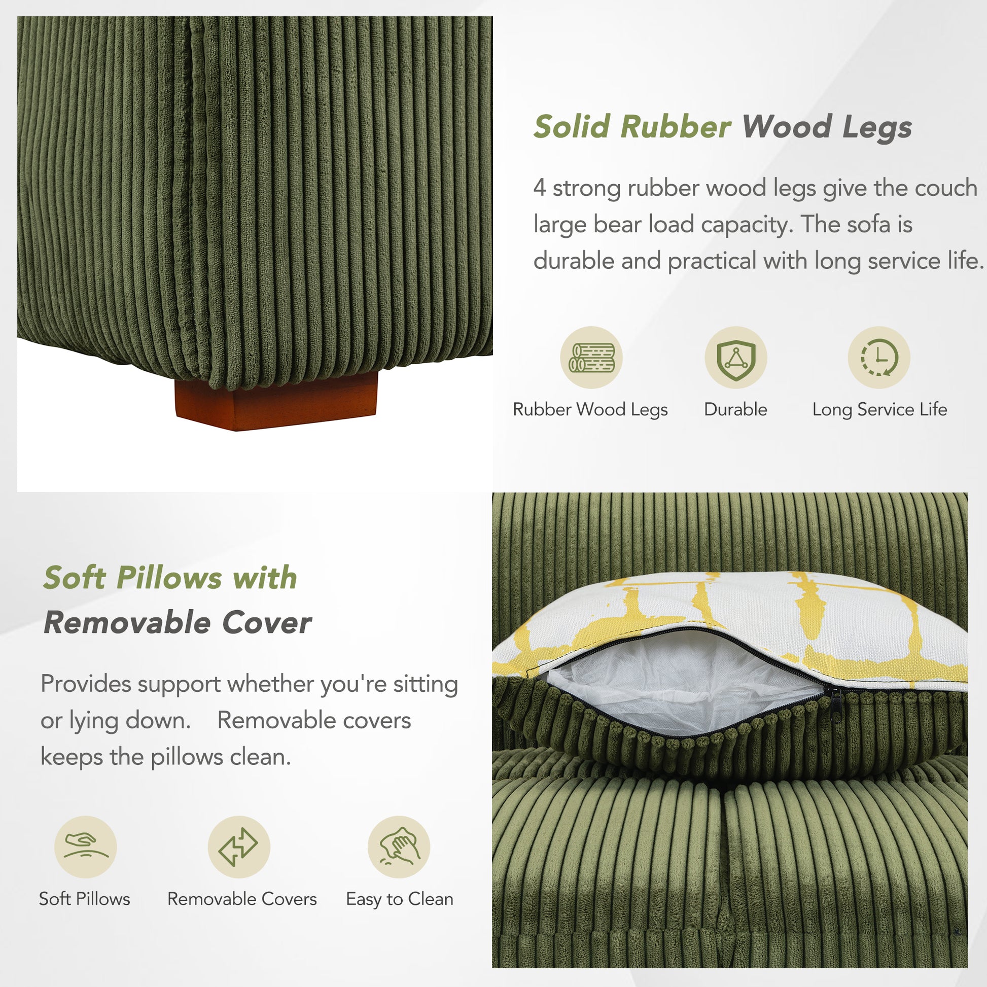 103.9" Modern Couch Corduroy Fabric Comfy Sofa With Rubber Wood Legs, 4 Pillows For Living Room, Bedroom, Office, Green Green Corduroy 2 Seat