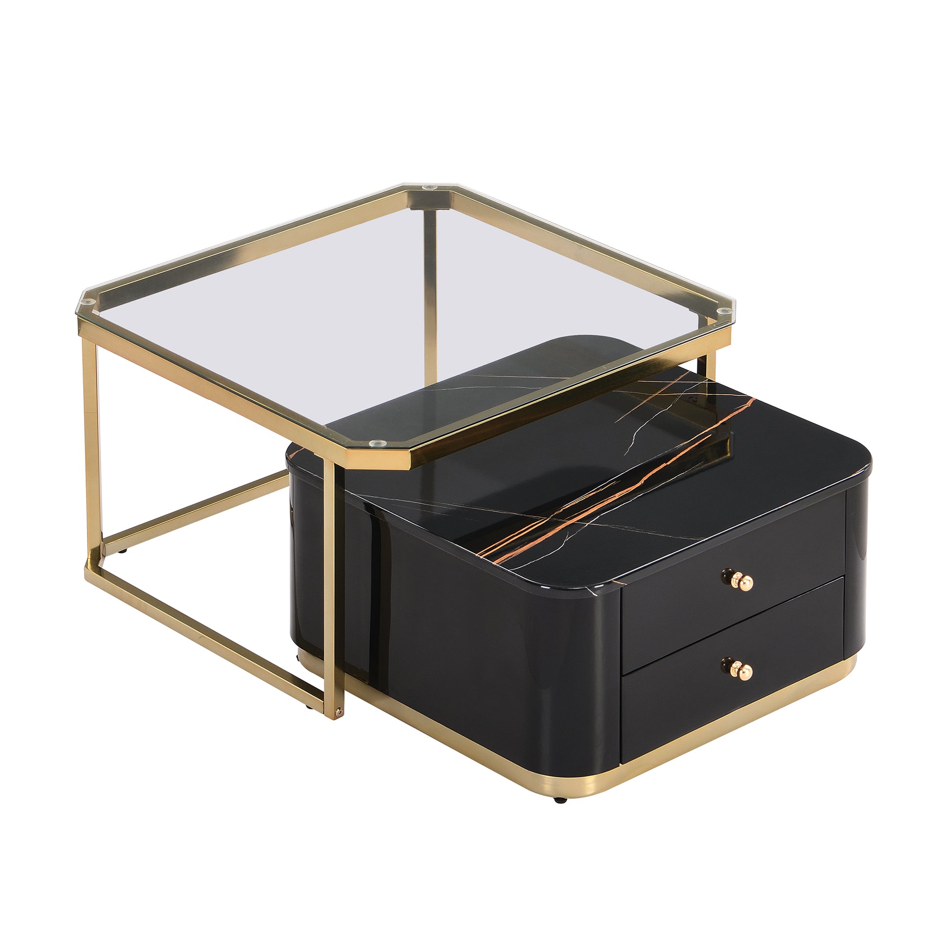 Modern 2 Pieces Black Square Nesting Coffee Table With Drawers & Electroplated Gold Legs In 27.6'' Golden Black Drawers Coffee & End Tables Glossy Square Mdf Glass Mdf Pedestal