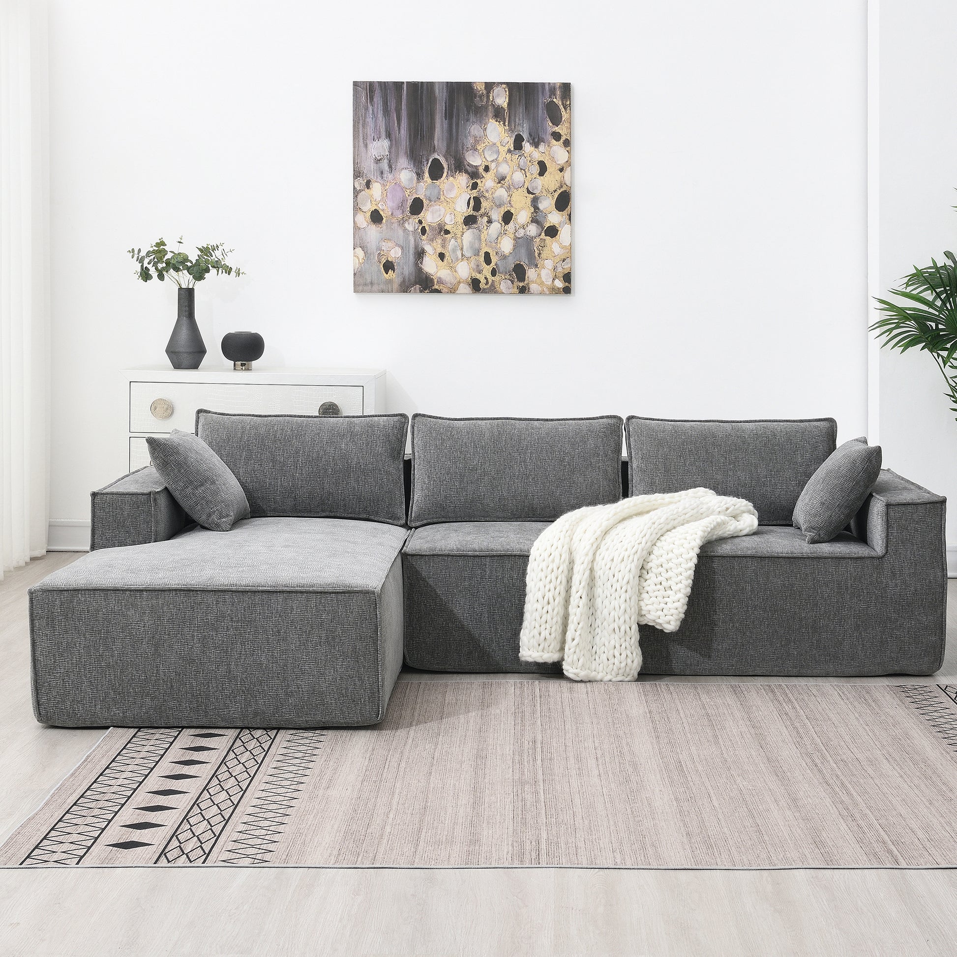 111.5*72"Minimalist Style Modular Sectional Sofa,Wrinkle Resistant Chenille Couch Set,L Shaped Sleeper Sofa Bed For Living Room,2 Pic Free Combination,No Assembly Require,3 Colors Gray Chenille 4 Seat