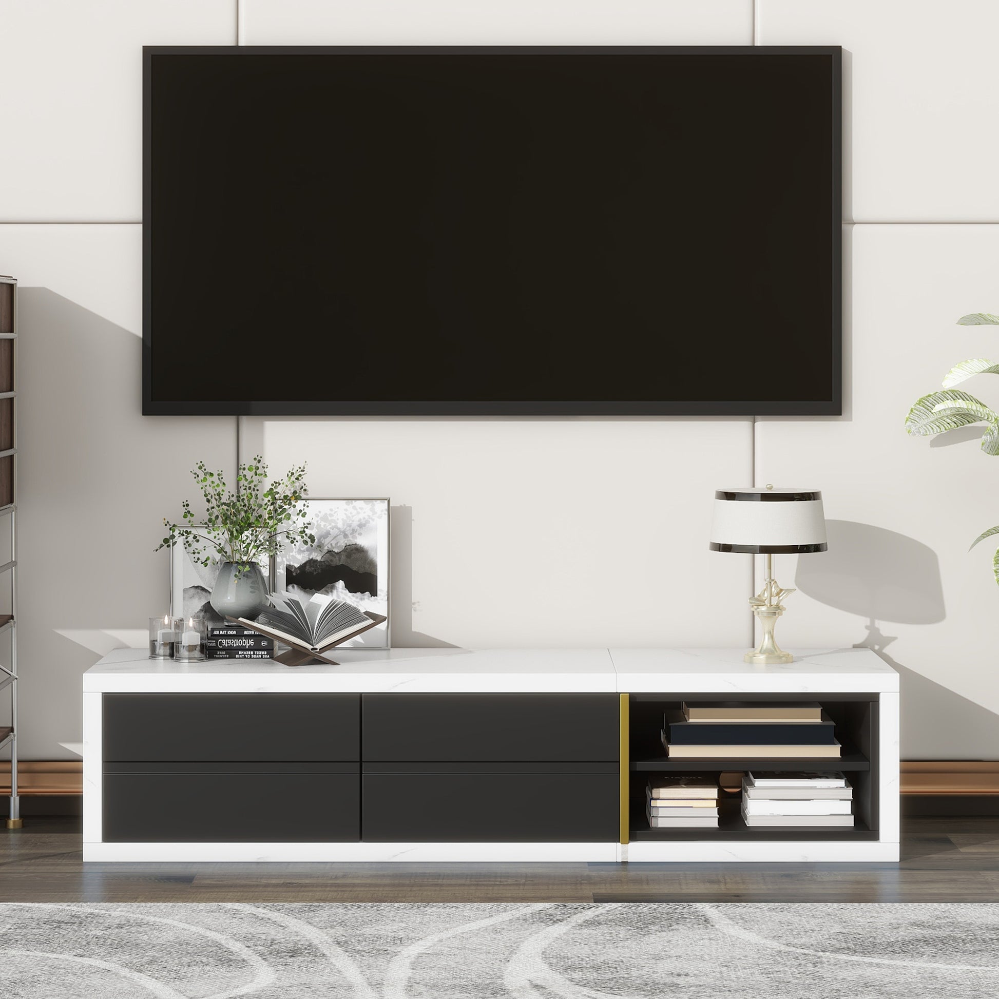 51'' 98.4'' Modern Extendable Tv Stand For Tvs Up To 90 Inches, Entertainment Center Media Console Corner Console With 2 Drawers And 4 Shelves For Living Room, White & Black White Black 80 89 Inches Mdf