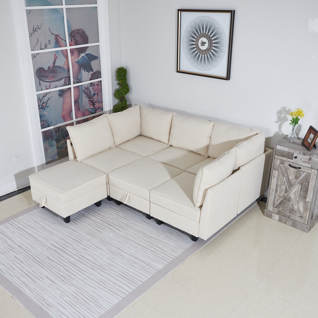 7 Seater Modular Pieces Sofa Storage Seats 7 Seat Living Room Furniture Modular Sleeper Sofa Brown Wood Primary Living Space Medium Duty Acacia 7 Seat Beige Chenille Soft Cushion Back Casual,Classic Armless Foam Wood