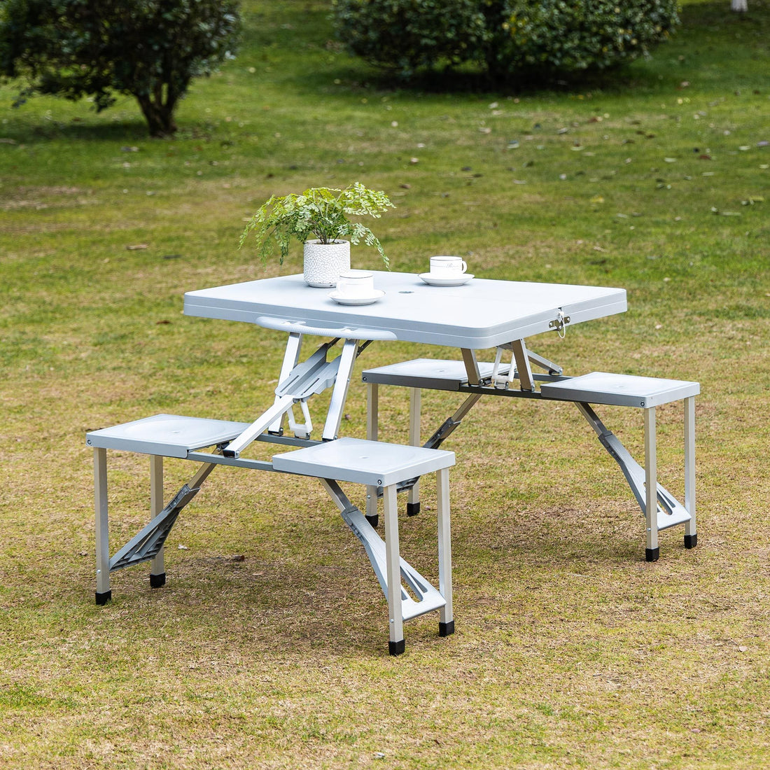 Outsunny Folding Picnic Table With Seats And Umbrella Hole, Portable Camping Chairs Set, 4 Seat, Aluminum Frame, Gray Grey Aluminum