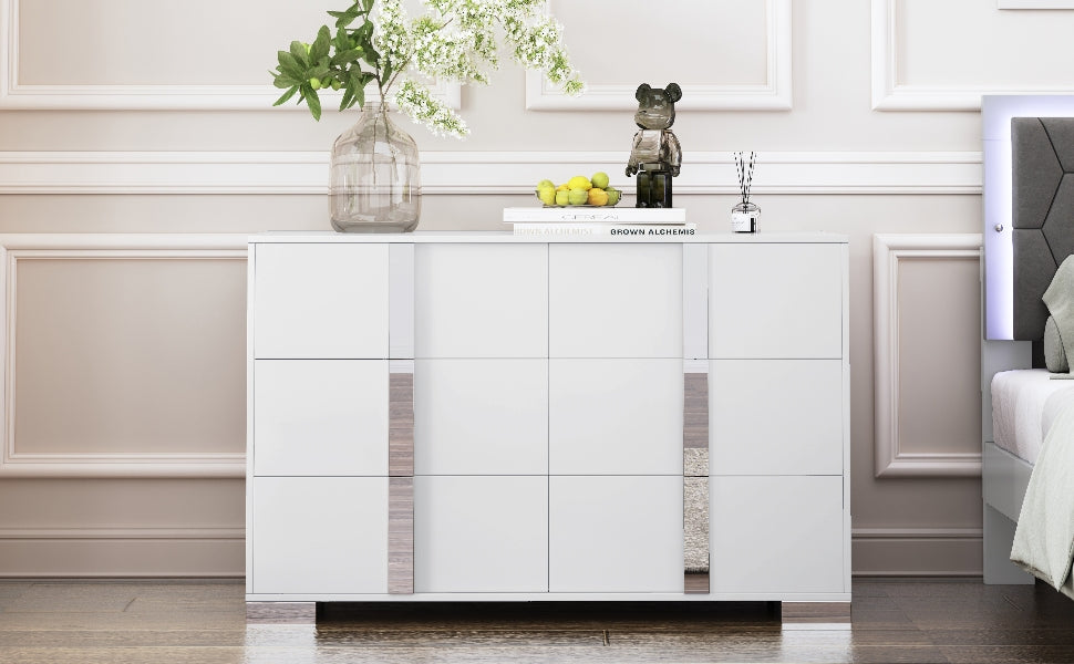 Elegant Modern Dresser With Metal Handle,Mirrored Storage Cabinet With 6 Drawers For Bedroom,Living Room,White White Mdf Metal