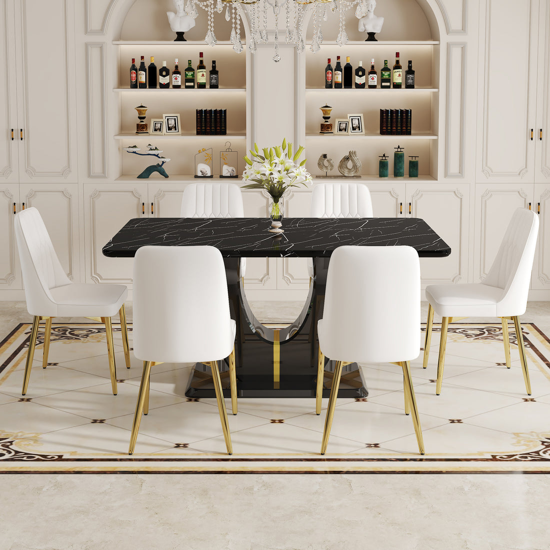 Table And Chair Set.63"W X 37"D X 30"H Black Marble Mdf Diningtable Set With 6 White Pu Chairs With Gold Metal Legs.Bring A Comfortable Home Experience To The Kitchen, Bedroom, And Office. White