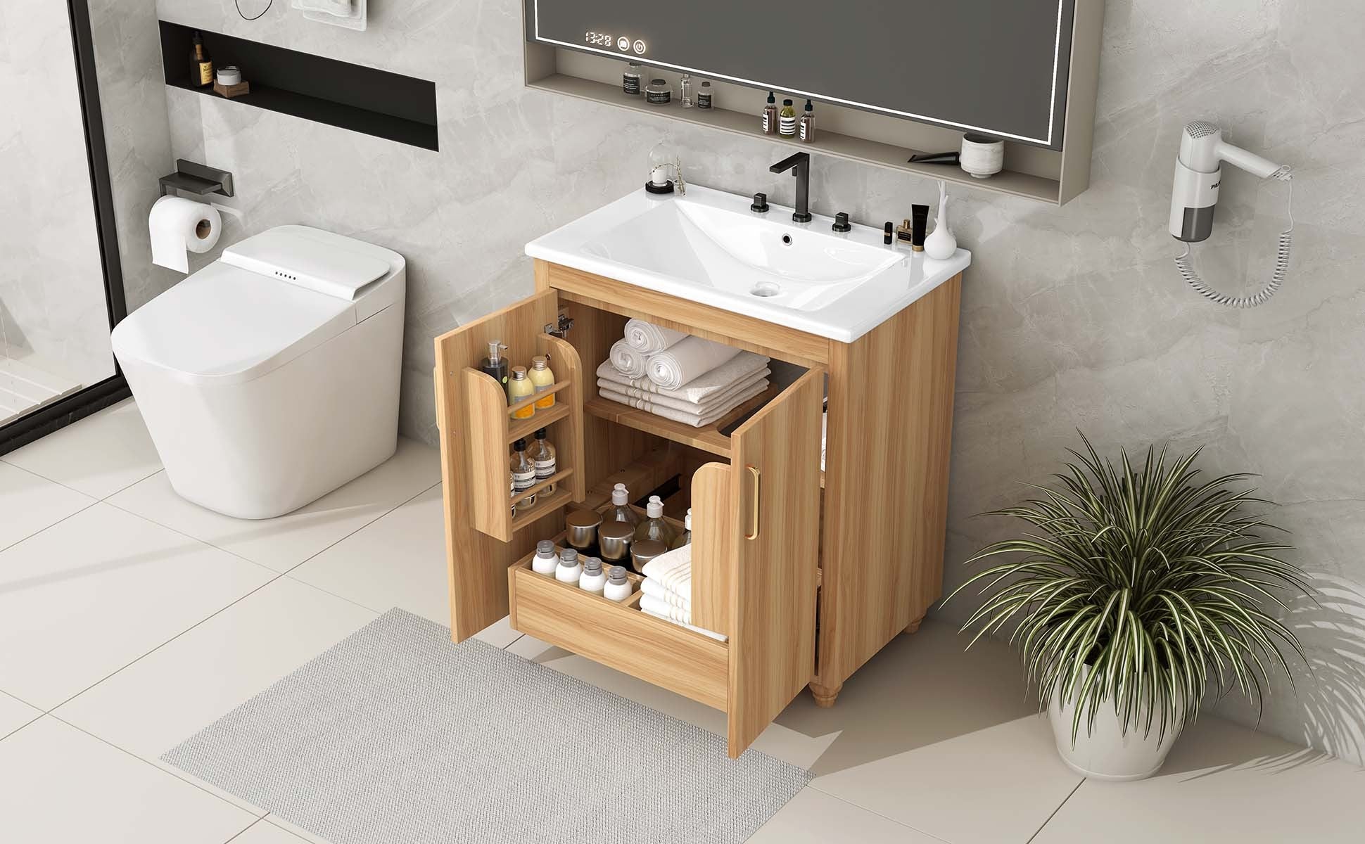 30" Bathroom Vanity With Sink Combo, Multi Functional Bathroom Cabinet With Doors And Drawer, Mdf Board, Natural Natural Solid Wood Mdf