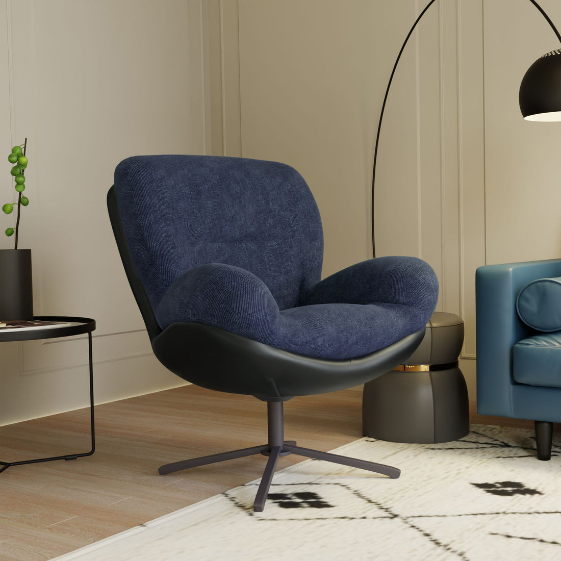 360 Swivel Accent Chair, Modern Chenille Lounge Chair With Faux Leather And Black Metal Base Frame, Comfortable Reading Chair For Small Spaces, Living Room, Bedroom, Reading Corner, Office, Navy Blue Black,Navy Blue Brown Primary Living Space American