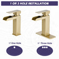 Waterfall Bathroom Faucet Brushed Gold Single Handle Bathroom Sink Faucets 1 Or 3 Hole Solid Vanity Faucet With Deck Plate & Overflow Pop Up Drain Brushed Gold One Brushed Gold Deck Mounted Bathroom Gold Stainless Steel