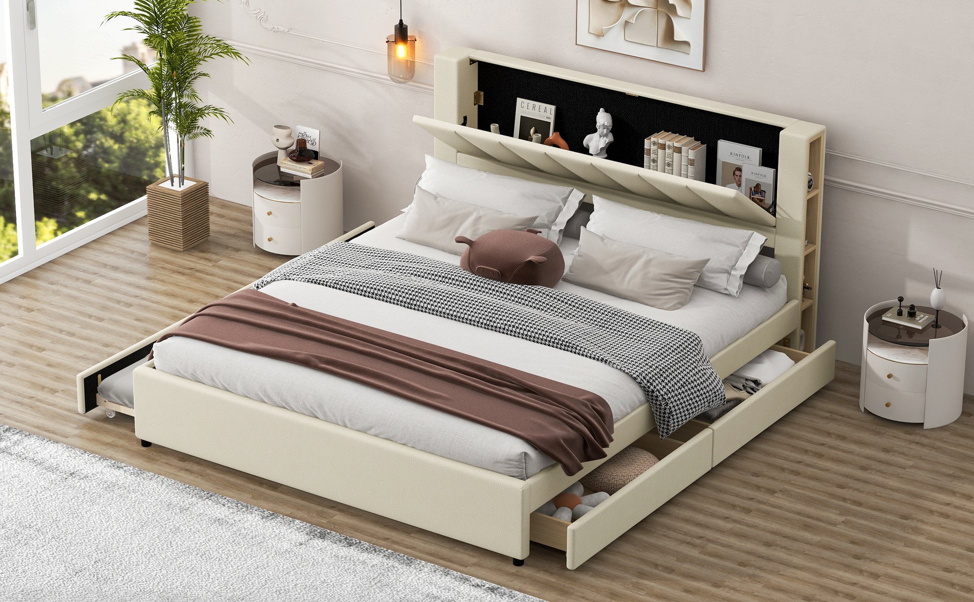 King Size Upholstery Platform Bed With Storage Headboard, 2 Drawers And Trundle,Beige King Beige Upholstered