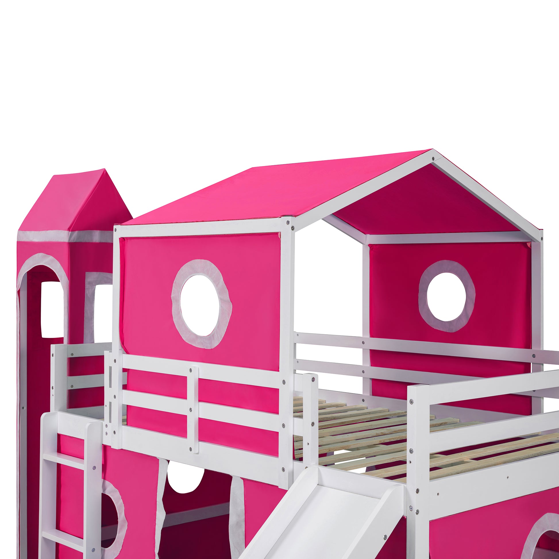 Full Size Loft Bed With Slide Pink Tent And Tower Pink Old Sku:Wf298771Aah Full Pink Solid Wood