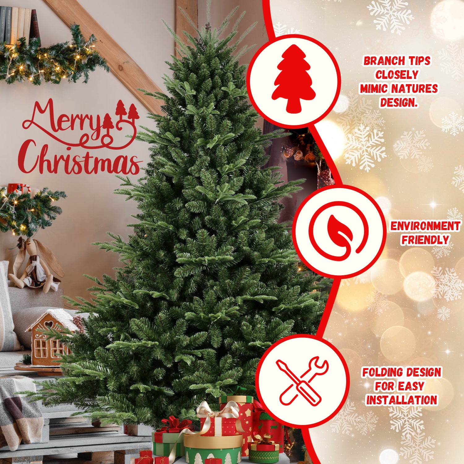 8Ft Christmas Tree Simulate Nature Advanced Materials Premium Hinged Spruce Artificial Douglas Firs Tree, Christmas Holiday Party Atmosphere Decoration Year Celebration Pe Pvc Xmas Tree Green