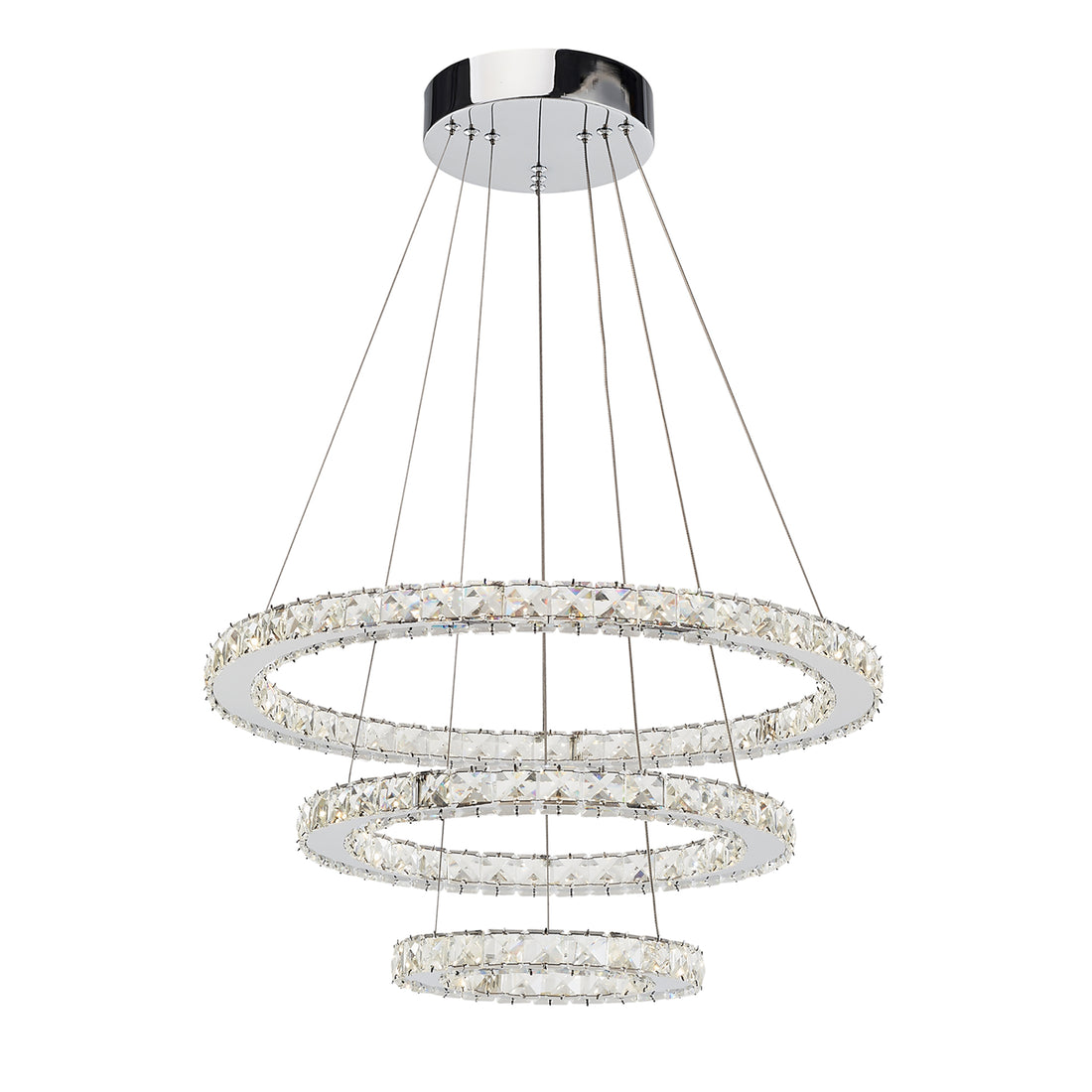 3 Layers Round Ring Chandelier, Iron Stainless Steel Crystal Chrome Color 4000K Natural White Lighting Fixtures, 60W Led Pendant Light For Living Room Dining Room Chrome Ceiling Lights 3100K 4200K